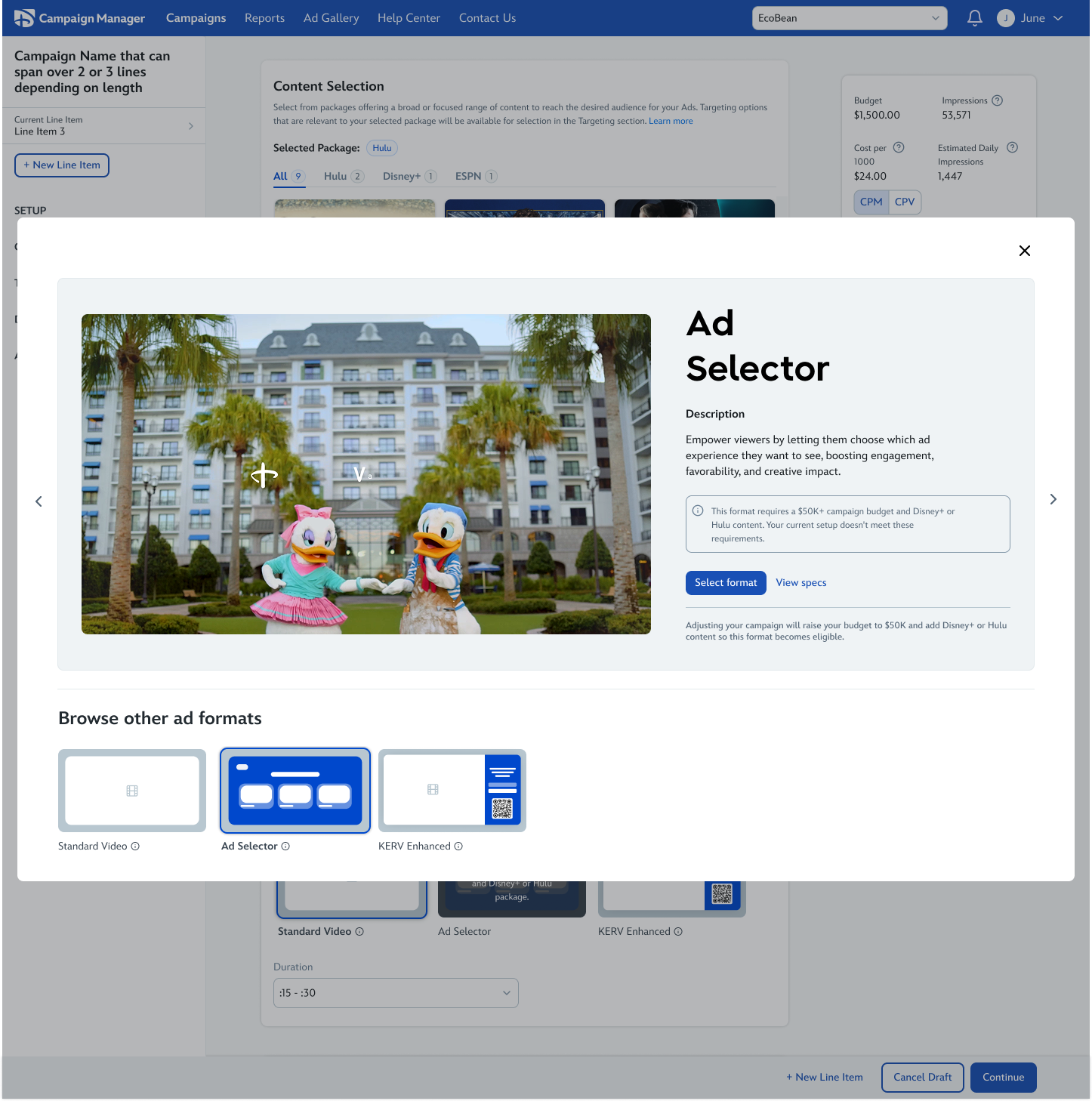 Educational modal for Ad Selector